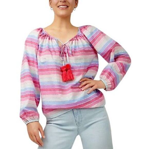J. Crew Womens Peasant Top‎ Size XXS Metallic Pastel Striped Tassel NWOT Boho - Picture 1 of 10